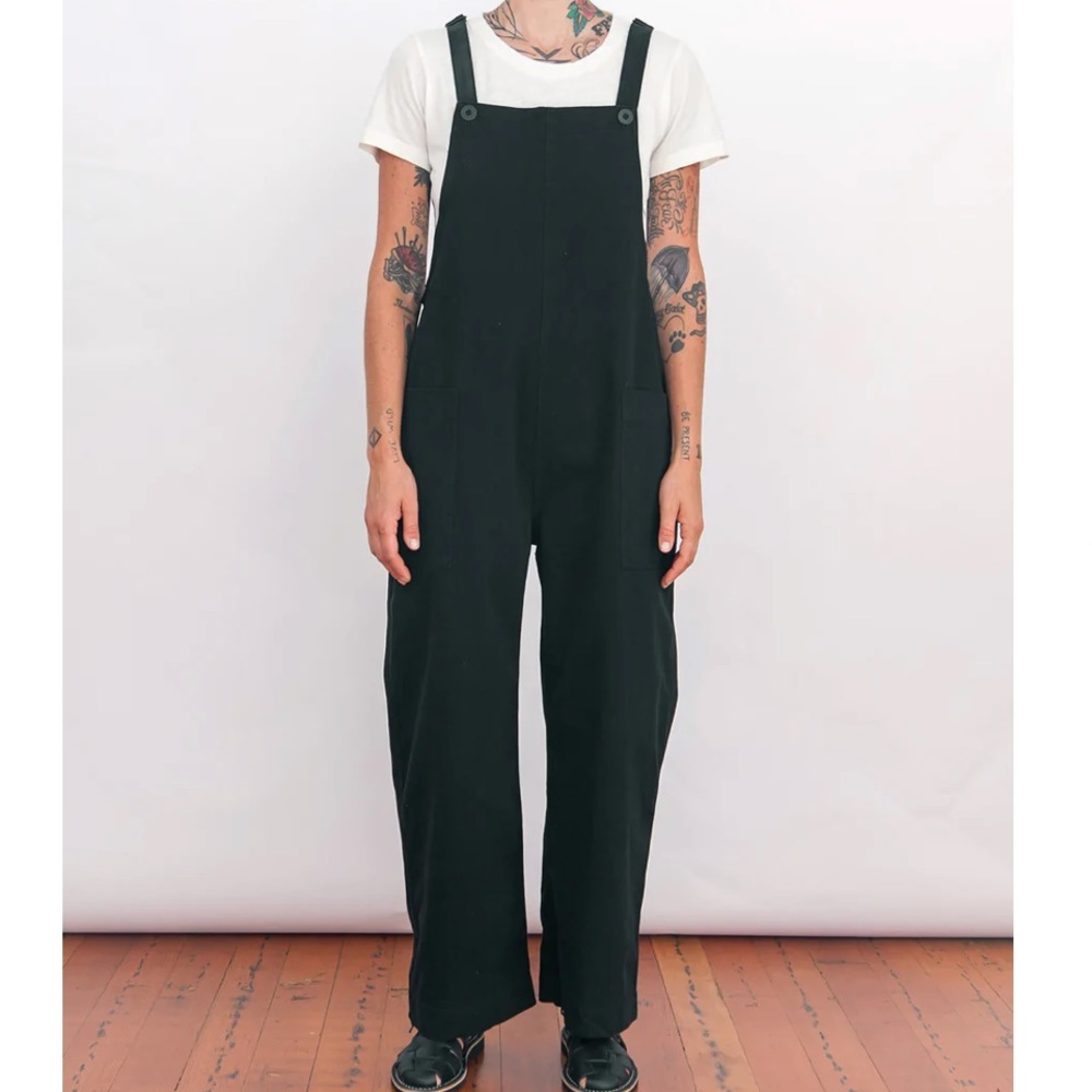 Black Wide-Leg Cotton Overalls